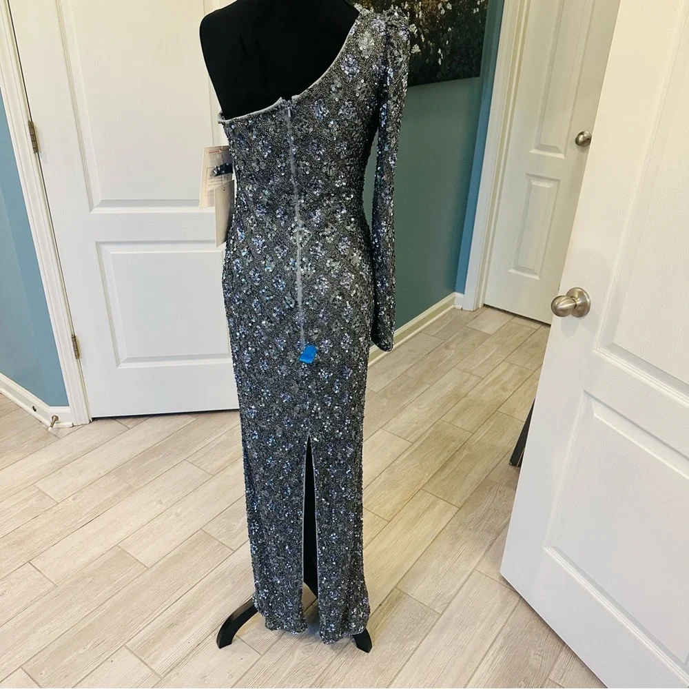 NWT Mac Duggal Sz 6 5479 Embellished One Shoulder Asymmetrical Gown Slate $798 - Picture 13 of 17